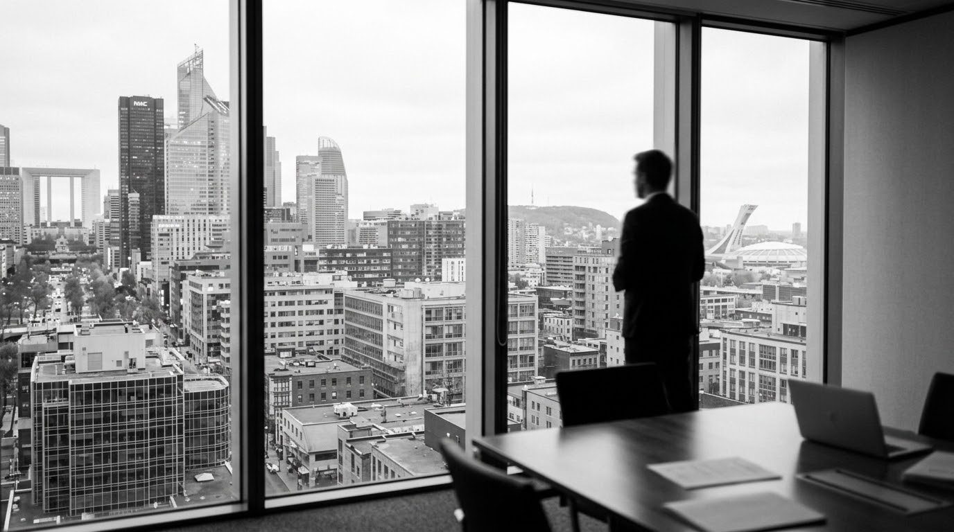 Entrepreneur regardant la ville depuis une salle de réunion, avec le Stade olympique de Montréal à l’horizon