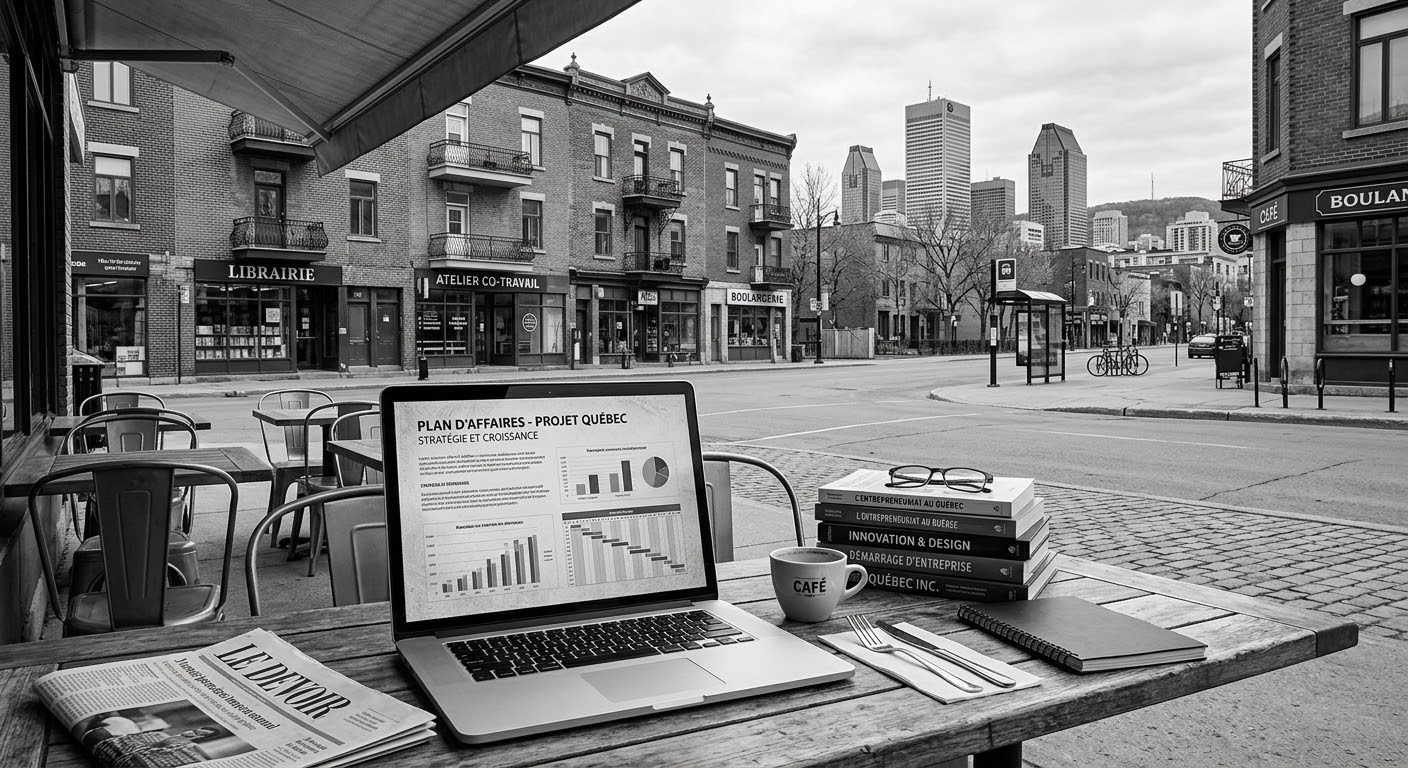 Terrasse de café à Montréal, ordinateur portable affichant un plan d’affaires
