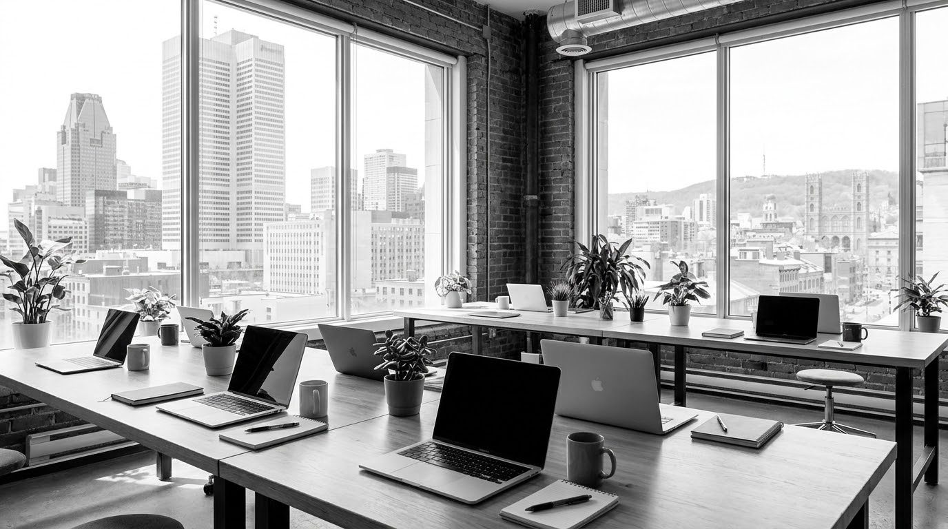 Bureaux lumineux à Montréal avec vue sur le centre-ville et le mont Royal